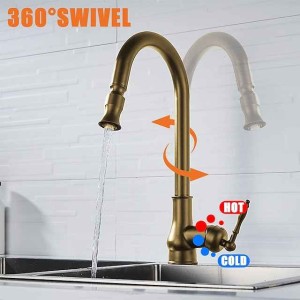 Kitchen Sink Mixer Faucet with Pull Out Spray, 360 Swivel Pull Down Vessel Taps Antique Brass/Black Deck Mounted, Antique Single Handle One Hole Kitchen Taps