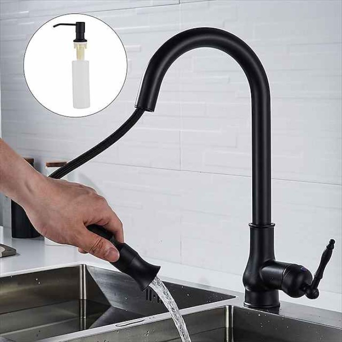 Kitchen Sink Mixer Faucet with Pull Out Spray, 360 Swivel Pull Down Vessel Taps Antique Brass/Black Deck Mounted, Antique Single Handle One Hole Kitchen Taps