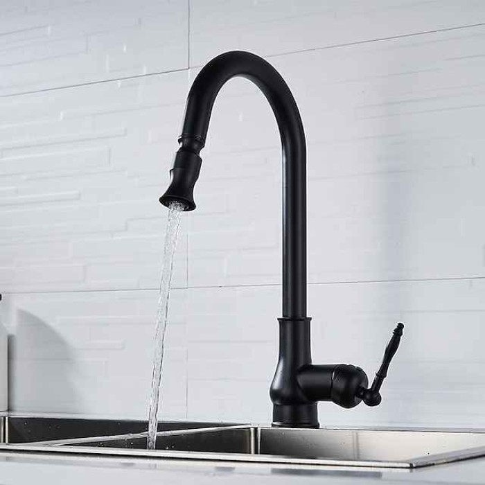 Kitchen Sink Mixer Faucet with Pull Out Spray, 360 Swivel Pull Down Vessel Taps Antique Brass/Black Deck Mounted, Antique Single Handle One Hole Kitchen Taps