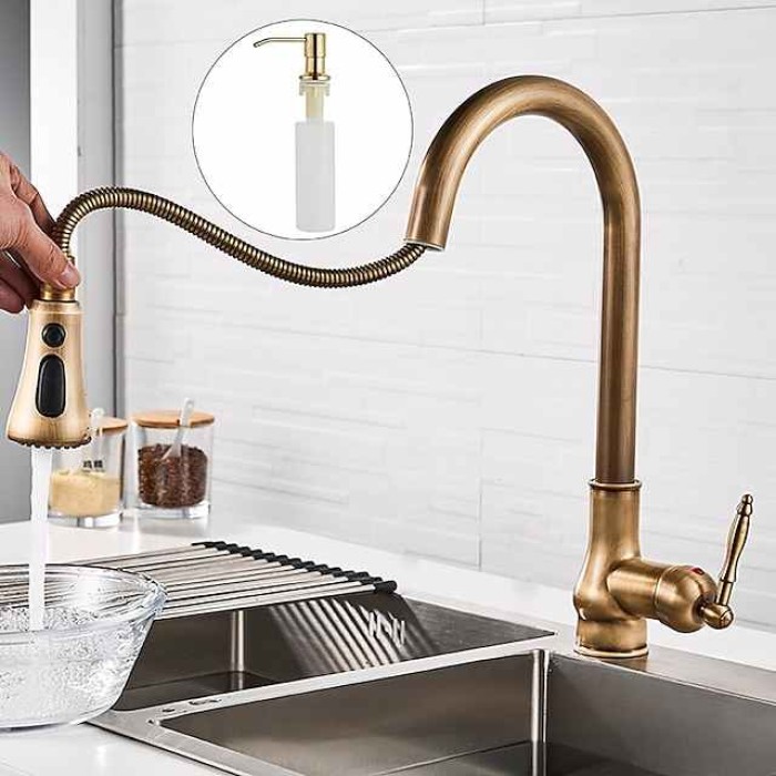 Kitchen Sink Mixer Faucet with Pull Out Spray, 360 Swivel Pull Down Vessel Taps Antique Brass/Black Deck Mounted, Antique Single Handle One Hole Kitchen Taps