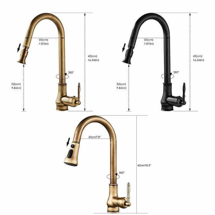 Kitchen Sink Mixer Faucet with Pull Out Spray, 360 Swivel Pull Down Vessel Taps Antique Brass/Black Deck Mounted, Antique Single Handle One Hole Kitchen Taps