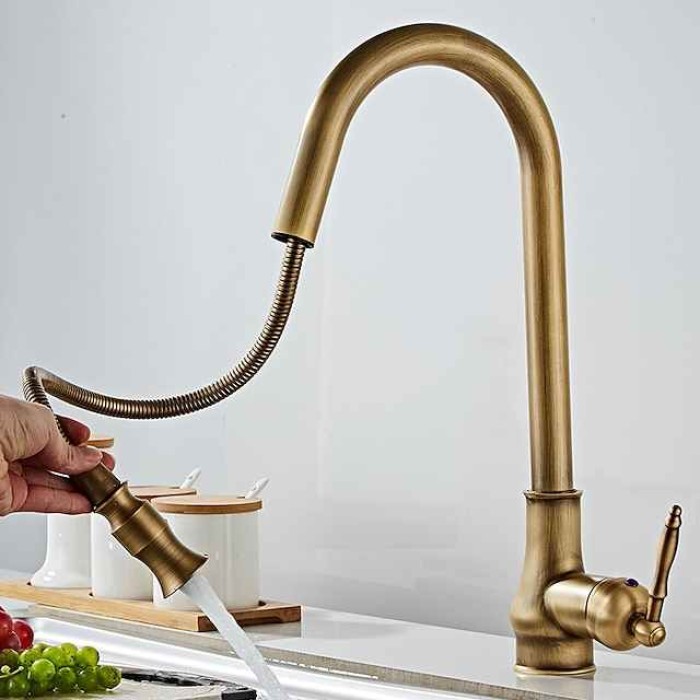 Kitchen Sink Mixer Faucet with Pull Out Spray, 360 Swivel Pull Down Vessel Taps Antique Brass/Black Deck Mounted, Antique Single Handle One Hole Kitchen Taps