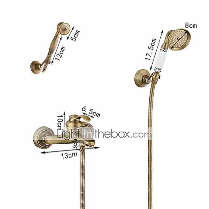 Shower Faucet Set,Mount Outside Antique Brass/Brass/Yellow Dual-Head Pullout Vintage Style, Brass Shower Faucet with Rain Shower/Handshower/Bodysprays/Drain with Hot and Cold Water