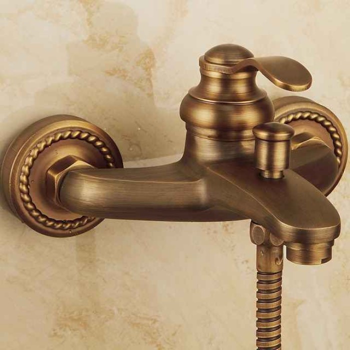 Shower Faucet Set,Mount Outside Antique Brass/Brass/Yellow Dual-Head Pullout Vintage Style, Brass Shower Faucet with Rain Shower/Handshower/Bodysprays/Drain with Hot and Cold Water