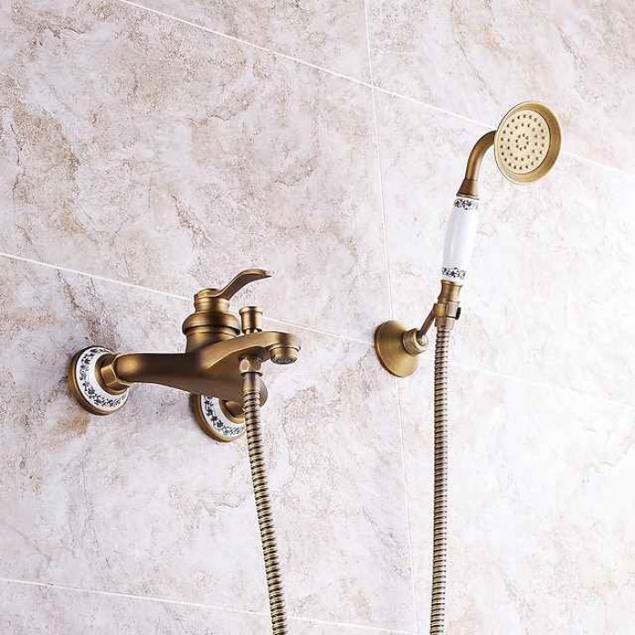 Shower Faucet / Rainfall Shower Head System Set - Handshower Included pullout Vintage Style / Country Antique Brass / Electroplated Mount Outside Ceramic Valve Bath Shower Mixer Taps / Single Handle