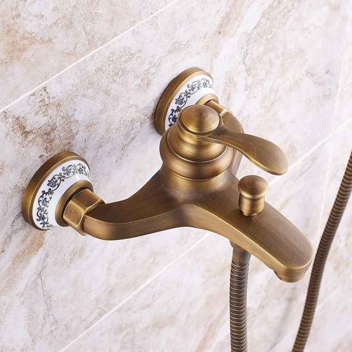 Shower Faucet / Rainfall Shower Head System Set - Handshower Included pullout Vintage Style / Country Antique Brass / Electroplated Mount Outside Ceramic Valve Bath Shower Mixer Taps / Single Handle