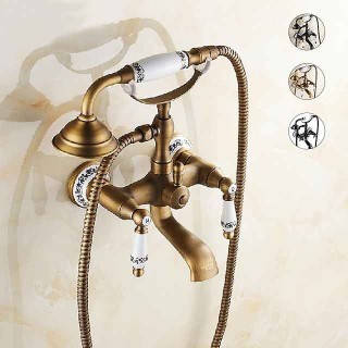 Bathroom Sink Faucet,Brass Telephone Shape Wall Installation Widespread Pull-out Country Style Electroplated Copper Finish Two Handles Bathtub Faucet with Handshower and Drain