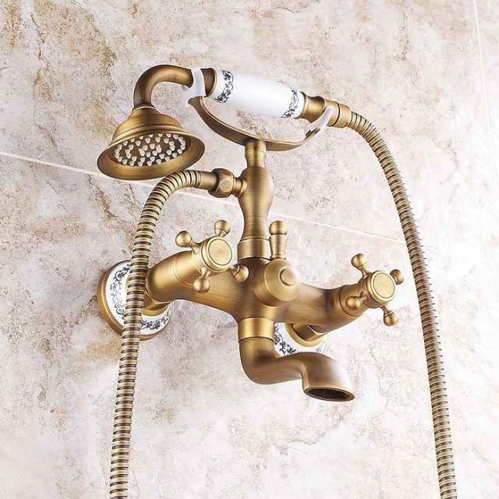 Bathroom Sink Faucet,Brass Telephone Shape Wall Installation Widespread Pull-out Country Style Electroplated Copper Finish Two Handles Bathtub Faucet with Handshower and Drain