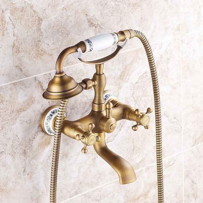 Bathroom Sink Faucet,Brass Telephone Shape Wall Installation Widespread Pull-out Country Style Electroplated Copper Finish Two Handles Bathtub Faucet with Handshower and Drain