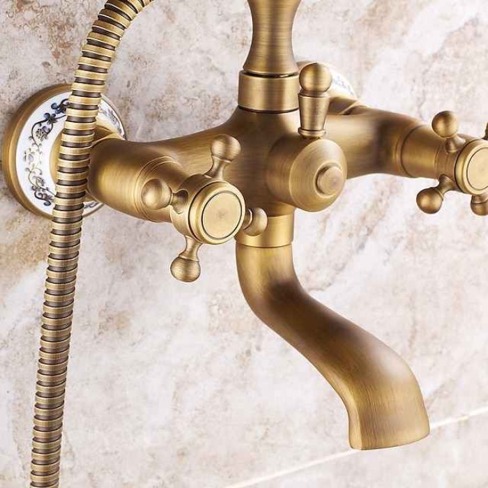 Bathroom Sink Faucet,Brass Telephone Shape Wall Installation Widespread Pull-out Country Style Electroplated Copper Finish Two Handles Bathtub Faucet with Handshower and Drain