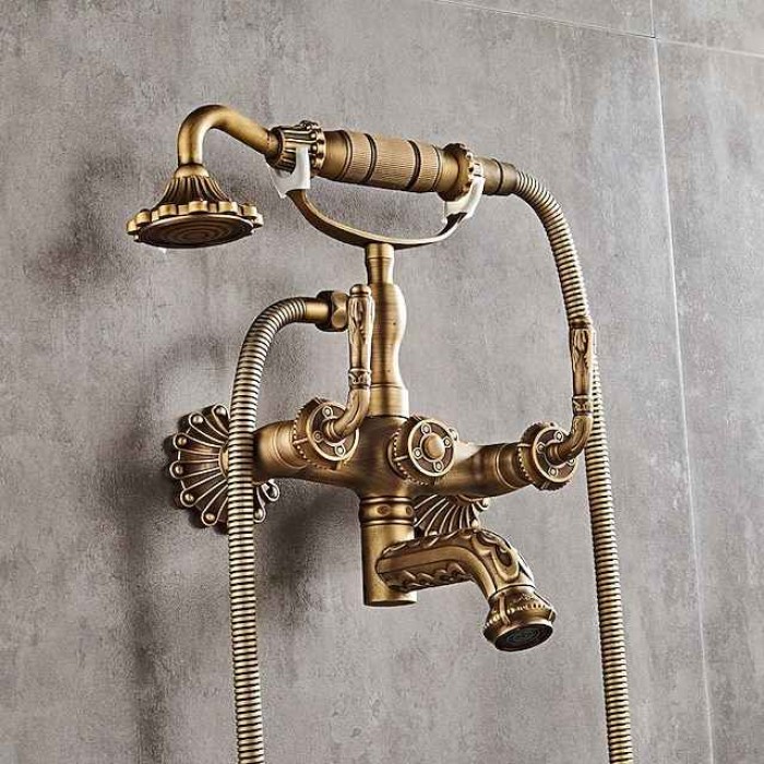 Shower Faucet Set - Handshower Included pullout Vintage Style / Country Antique Brass Mount Outside Ceramic Valve Bath Shower Mixer Taps