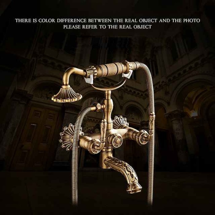 Shower Faucet Set - Handshower Included pullout Vintage Style / Country Antique Brass Mount Outside Ceramic Valve Bath Shower Mixer Taps