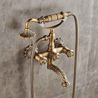 Vintage Shower System Faucet Set Wall Mounted, 360 Swivel Antique Brass Bathroom Shower Head Facuet Kit with Handheld Shower Head Sprayer Ceramic Valve Bath Mixer Tap