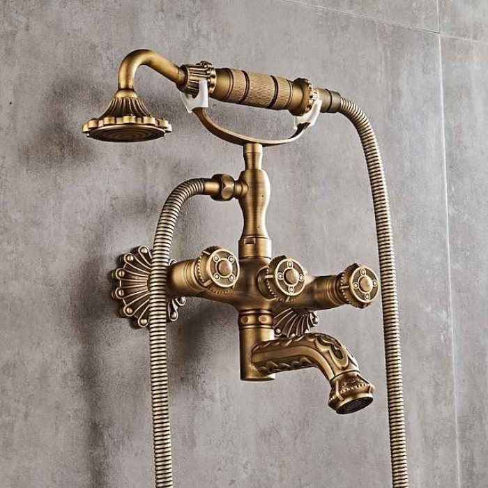 Vintage Shower System Faucet Set Wall Mounted, 360 Swivel Antique Brass Bathroom Shower Head Facuet Kit with Handheld Shower Head Sprayer Ceramic Valve Bath Mixer Tap