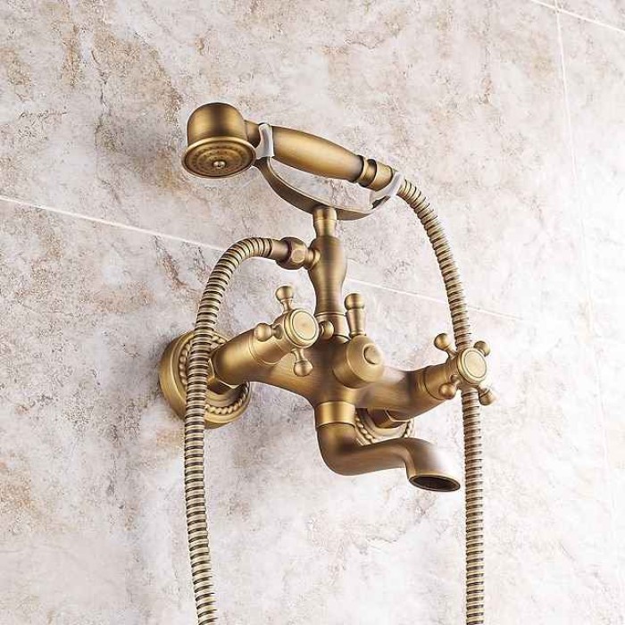 Shower Faucet Set Brass with Bathtub Spout Shower System, 2 Knob Handle Telephone Style Heldhand Showerhand 1.5m Hose Wall Mounted Tap