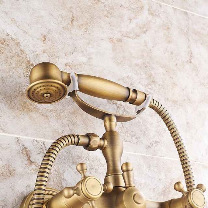 Shower Faucet Set Brass with Bathtub Spout Shower System, 2 Knob Handle Telephone Style Heldhand Showerhand 1.5m Hose Wall Mounted Tap