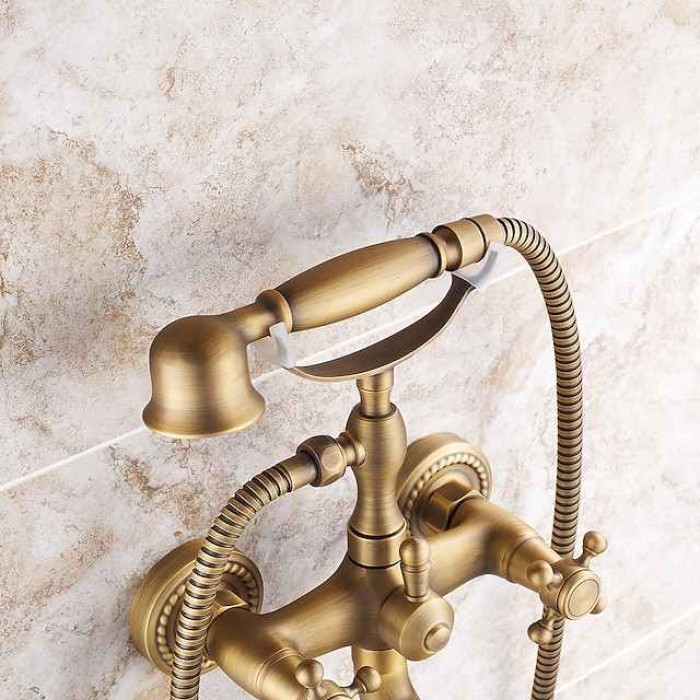 Shower Faucet Set Brass with Bathtub Spout Shower System, 2 Knob Handle Telephone Style Heldhand Showerhand 1.5m Hose Wall Mounted Tap