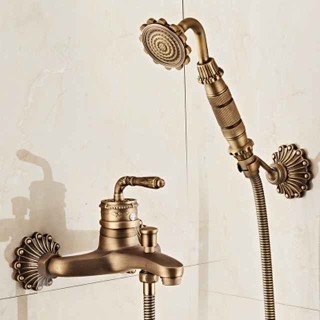 Bathtub Faucet - Retro Antique Brass Wall Installation Ceramic Valve Bath Shower Mixer Taps / Country / Single Handle / Yes / Rain Shower / Handshower Included