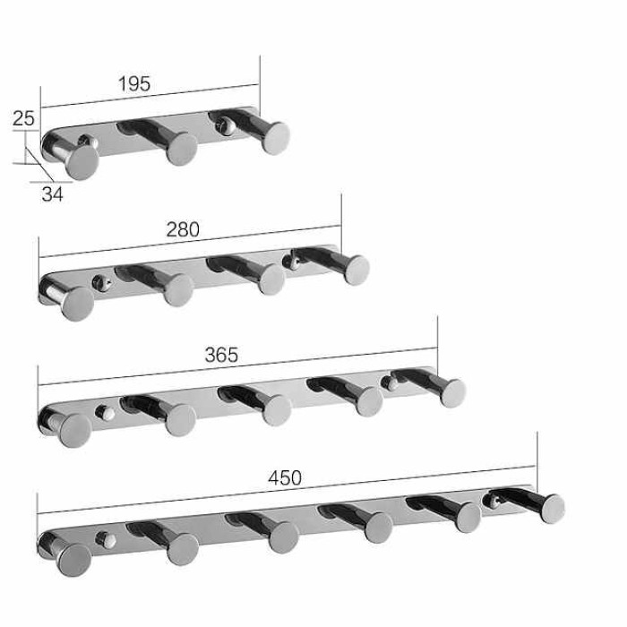 Robe Hook  Wall Mounted with 3 or 4 or 5 or 6 Hooks New Design Stainless Steel Bathroom Painted Finishes Black 1pc