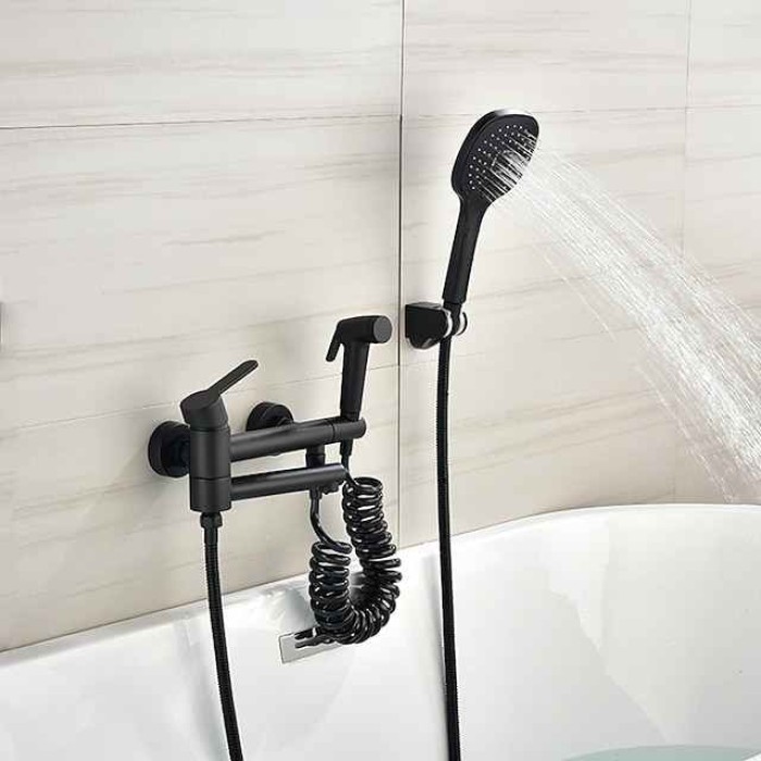 Bathtub Faucet Wall Mounted Black, 3 Spout Bathroom Faucet Bath Roman Tub Filler Mixer Tap Brass with 2 Sprayer Bidet Sprayer