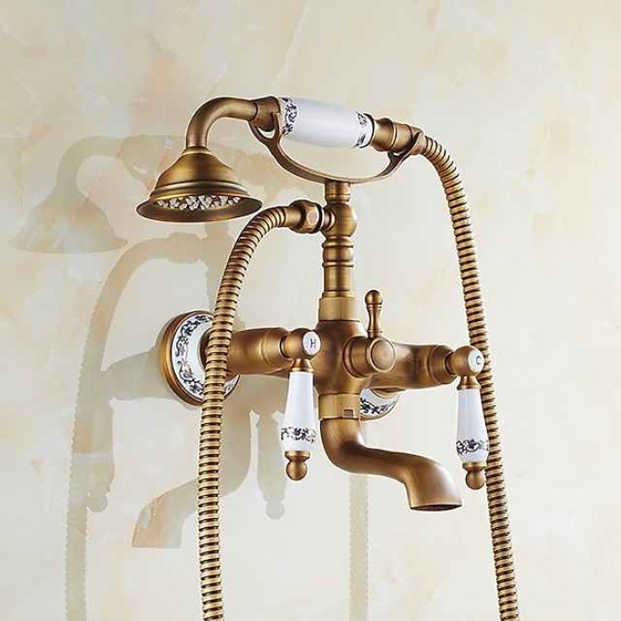 Shower Faucet Set - Rainfall Shower Vintage Style Antique Brass Mount Outside Ceramic Valve Bath Shower Mixer Taps