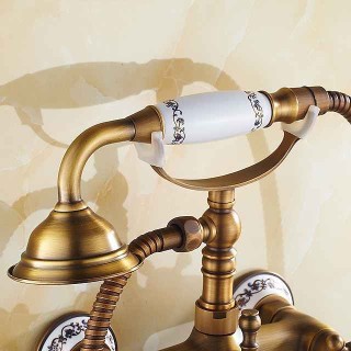 Shower Faucet Set - Rainfall Shower Vintage Style Antique Brass Mount Outside Ceramic Valve Bath Shower Mixer Taps