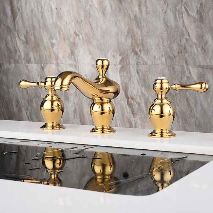 Widespread Bathroom Sink Mixer Faucet, 3 Hole 2 Handle Gold Brass Basin Taps Washroom Vessel Water Tap, Hot and Cold Hose Deck Mounted