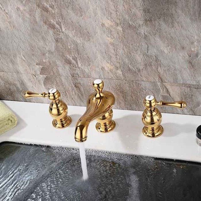 Widespread Bathroom Sink Mixer Faucet, 3 Hole 2 Handle Gold Brass Basin Taps Washroom Vessel Water Tap, Hot and Cold Hose Deck Mounted