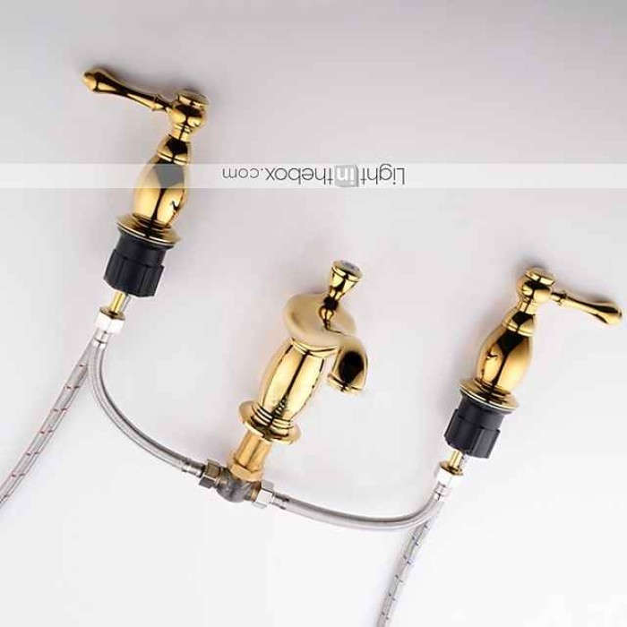 Widespread Bathroom Sink Mixer Faucet, 3 Hole 2 Handle Gold Brass Basin Taps Washroom Vessel Water Tap, Hot and Cold Hose Deck Mounted