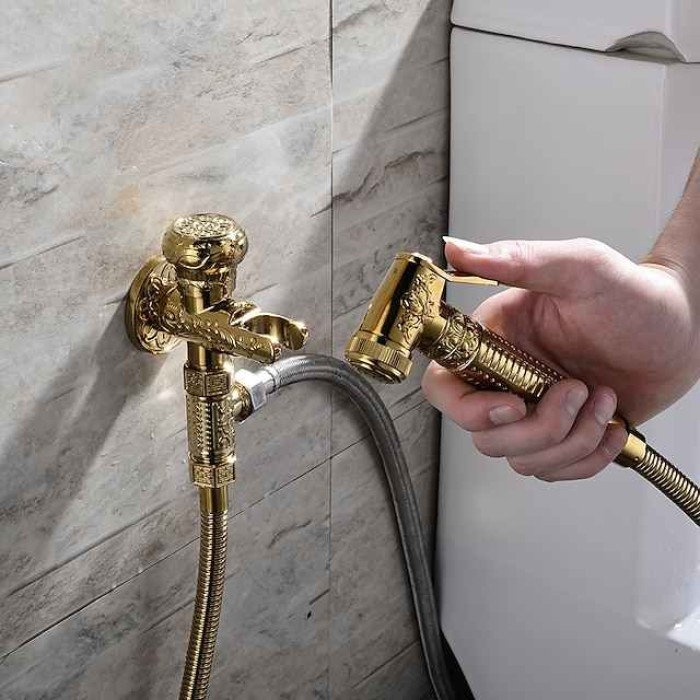 Bidet Faucet Handheld Bidet Sprayer, Antique Golden Luxury Diaper Water Shattaf Toilet Spray Set, Bathroom Baby Cloth Diaper Cleaning Sprayer Middle East