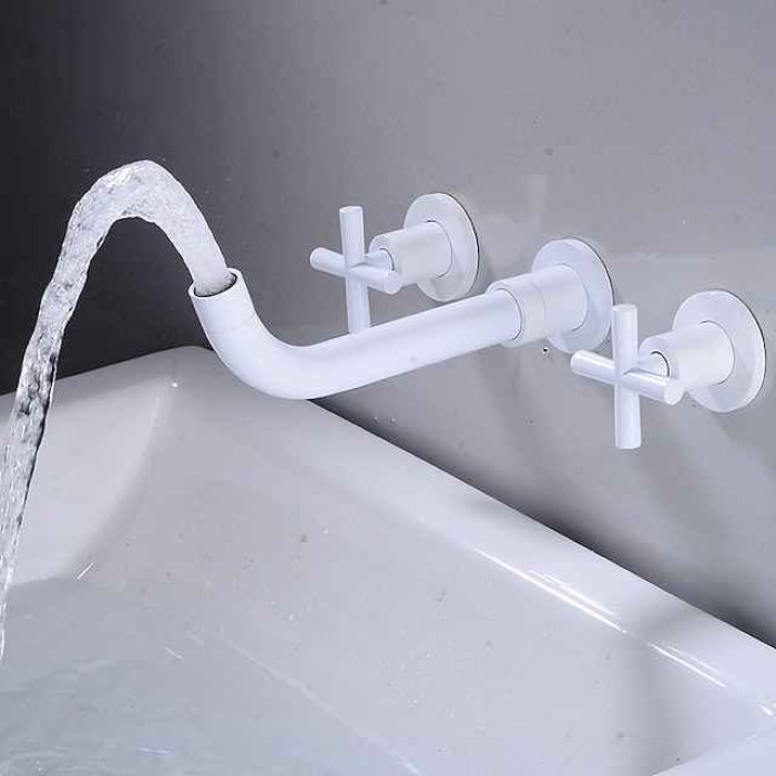 Wall Mounted Bathroom Sink Mixer Faucet, Widespread Washroom Basin Taps Wall Mount Brass 2 Handles 3 Holes Wash Baxin Tap with Cold Hot Water Hose Retro Antique Vintage