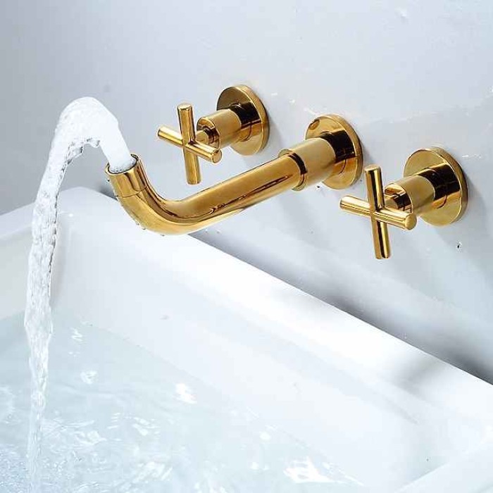 Wall Mounted Bathroom Sink Mixer Faucet, Widespread Washroom Basin Taps Wall Mount Brass 2 Handles 3 Holes Wash Baxin Tap with Cold Hot Water Hose Retro Antique Vintage