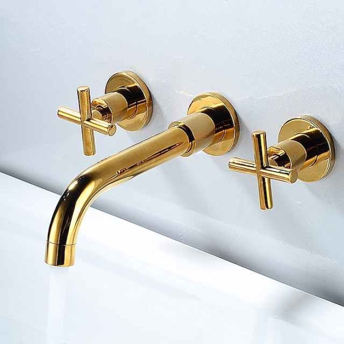 Wall Mounted Bathroom Sink Mixer Faucet, Widespread Washroom Basin Taps Wall Mount Brass 2 Handles 3 Holes Wash Baxin Tap with Cold Hot Water Hose Retro Antique Vintage