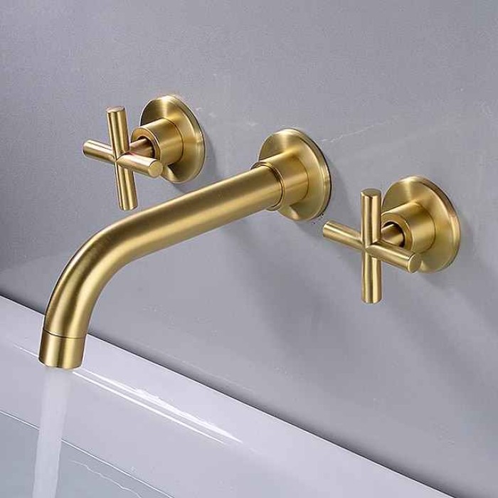 Wall Mounted Bathroom Sink Mixer Faucet, Widespread Washroom Basin Taps Wall Mount Brass 2 Handles 3 Holes Wash Baxin Tap with Cold Hot Water Hose Retro Antique Vintage