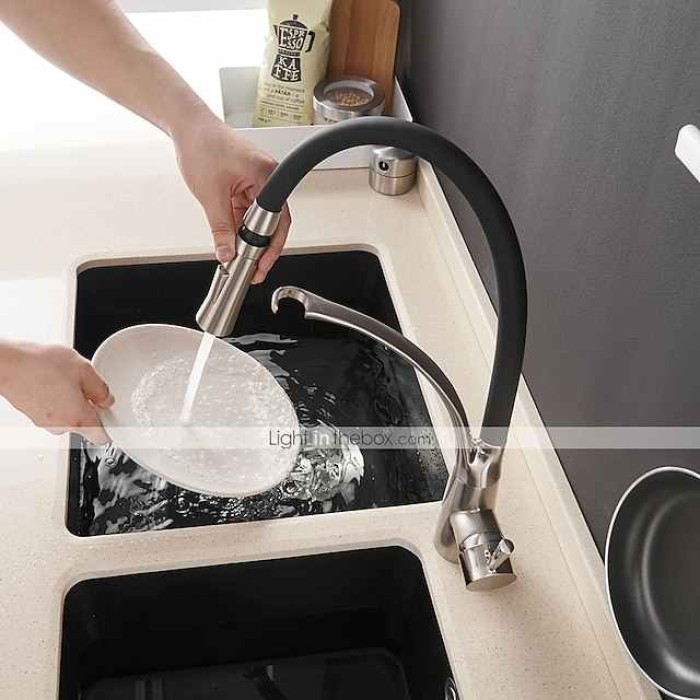 Single Handle Kitchen Faucet, Brush One Hole Pull Out Centerset, Brass Kitchen Faucet with Supply Lines