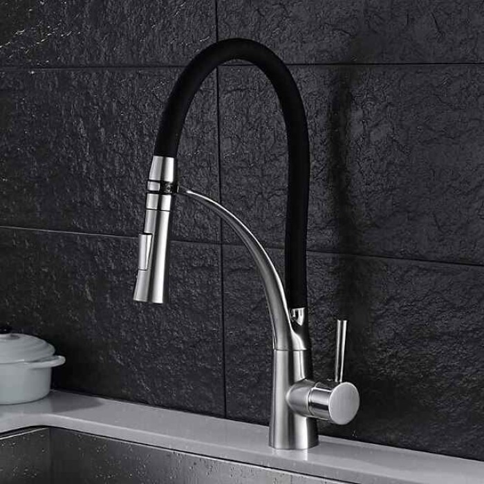 Single Handle Kitchen Faucet, Brush One Hole Pull Out Centerset, Brass Kitchen Faucet with Supply Lines