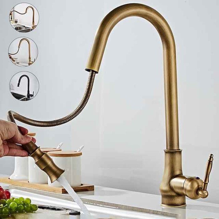 Pull Out Kitchen Faucet Sink Mixer with Sprayer, Antique 360° Swivel Single Handle One Hole Pull Down Kitchen Vessel Tap Deck Mounted, with Hot and Cold Water Hose