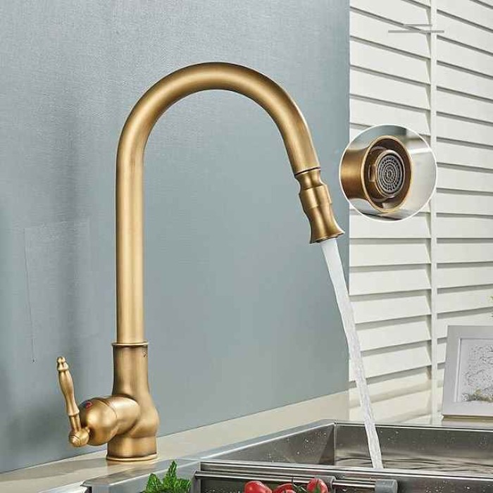 Pull Out Kitchen Faucet Sink Mixer with Sprayer, Antique 360° Swivel Single Handle One Hole Pull Down Kitchen Vessel Tap Deck Mounted, with Hot and Cold Water Hose