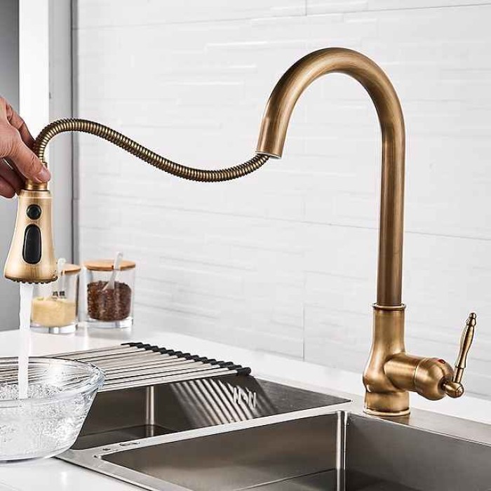 Pull Out Kitchen Faucet Sink Mixer with Sprayer, Antique 360° Swivel Single Handle One Hole Pull Down Kitchen Vessel Tap Deck Mounted, with Hot and Cold Water Hose