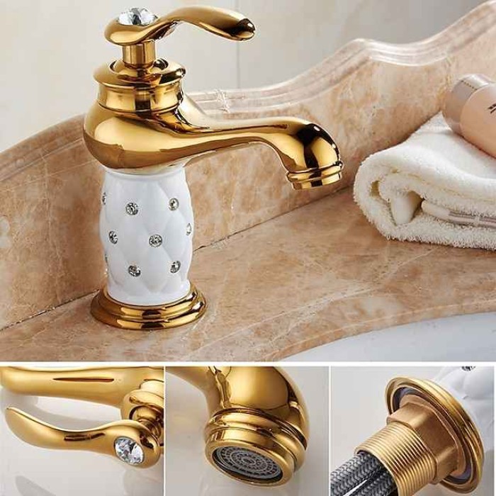 Single Handle Bathroom Faucet, Chrome/Gloden One Hole Centerset, Brass/Zinc Alloy Bathroom Sink Faucet with Supply Lines 