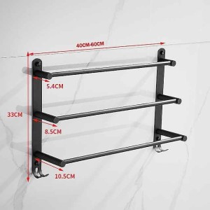 Wall Mounted Towel Rack with Hooks,Stainless Steel 3-TierTowel Holder Storage Shelf for Bathroom 40cm~70cm Towel Bar Towel Rail Towel Hanger(Matte Black)