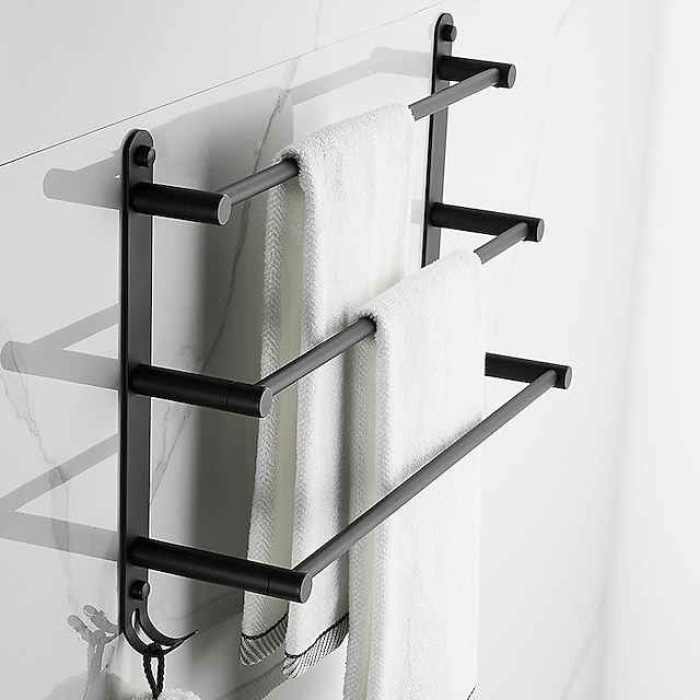 Wall Mounted Towel Rack with Hooks,Stainless Steel 3-TierTowel Holder Storage Shelf for Bathroom 40cm~70cm Towel Bar Towel Rail Towel Hanger(Matte Black)