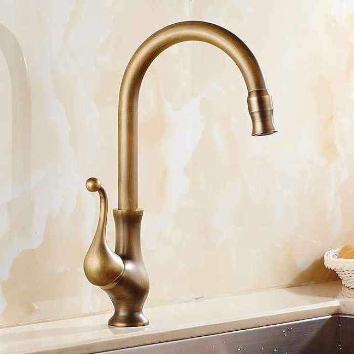 Kitchen Faucet,Antique Brass Single Handle One Hole Standard Spout Centerset Contemporary Rotatable Kitchen Taps with Cold and Hot Switch