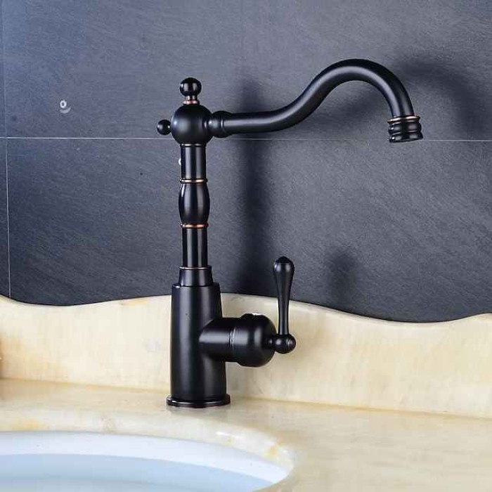 Kitchen Faucet,ORB Rotatable Retro Style Single Handle One Hole Standard Spout Centerset Contemporary Antique Kitchen Taps with Hot and Cold Switch