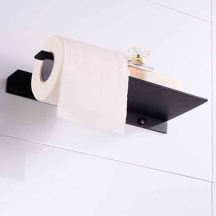 Stainless Steel Toilet Paper Holder New Design Tray Paper Roll Holder Bathroom Shelf Wall Mounted Matte Black 1pc