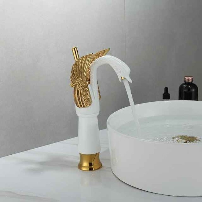 Antique Bathroom Sink Mixer Faucet, Washroom Basin Taps Brass Swan Shape Copper Electroplated Finish Vintage Style Single Handle One Hole Water Taps with Cold Hot Hose