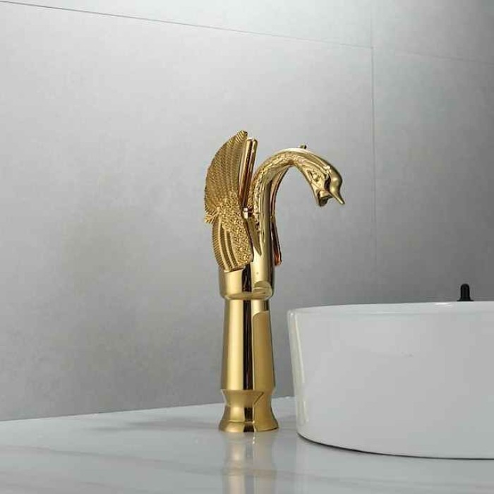 Antique Bathroom Sink Mixer Faucet, Washroom Basin Taps Brass Swan Shape Copper Electroplated Finish Vintage Style Single Handle One Hole Water Taps with Cold Hot Hose