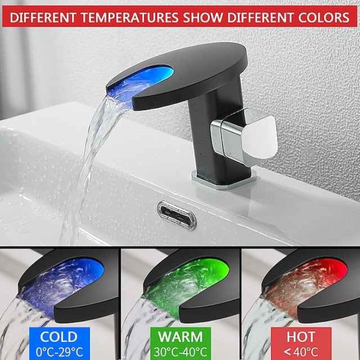 Bathroom Sink Faucet,LED Waterfall Temperature Controlled 3-Colors Electroplated Centerset Single Handle One Hole Bath Taps