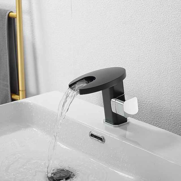 Bathroom Sink Faucet,LED Waterfall Temperature Controlled 3-Colors Electroplated Centerset Single Handle One Hole Bath Taps