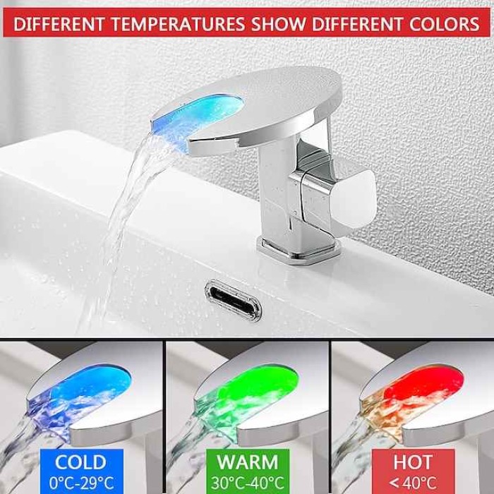 Bathroom Sink Faucet,LED Waterfall Temperature Controlled 3-Colors Electroplated Centerset Single Handle One Hole Bath Taps